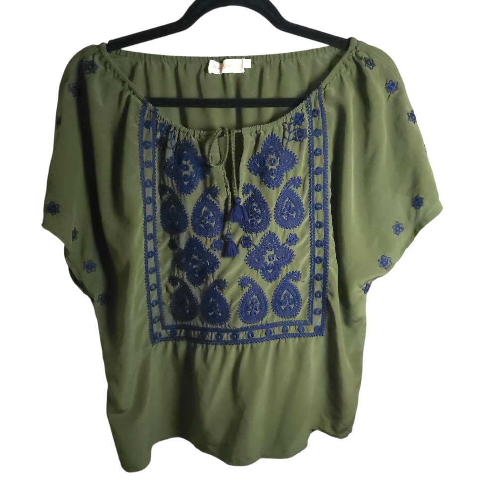 Tory Burch Silk Embroidered Boho Top Olive‎ Green Short Sleeve Size 2